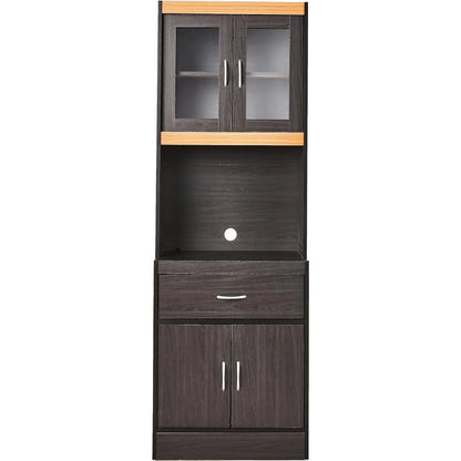 Hodedah Long Standing Kitchen Cabinet with Top and Bottom Enclosed Cabinet Space, One Drawer, Large Open Space for Microwave