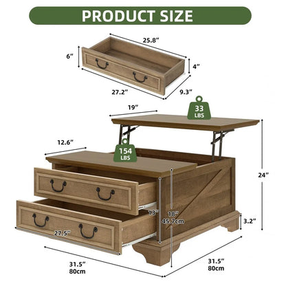 Farmhouse Square Lift-Top Coffee Table Large with Hidden Compartment Living Room