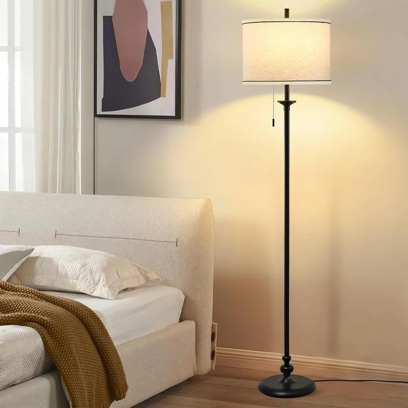 Modern Floor Lamp, 60" Standing Lamp for Living Room with Fabric Lamp Shade&Pull Chain, Corner Tall Reading Light