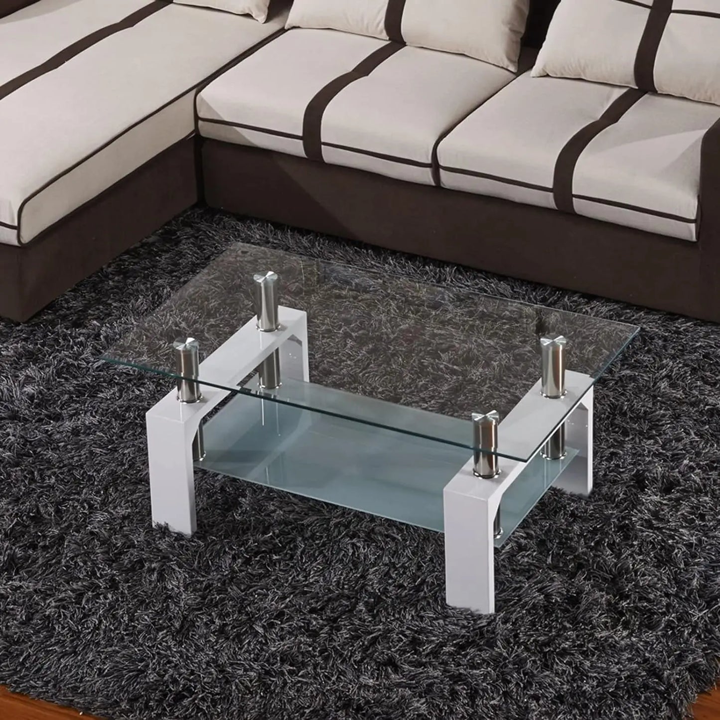 Rectangle Glass Coffee Table-Modern Side Coffee Table with Lower Shelf Black Wooden Legs-Suit for Living Room