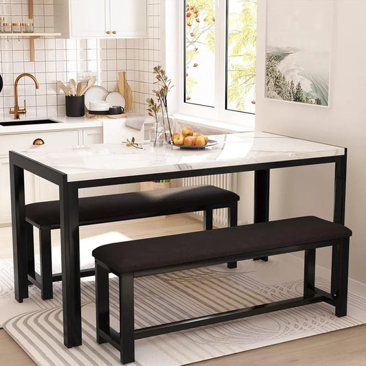 Dining Room Tables Sets with 2 Benches, Dining Table Set for 4-6, Dinner Table Set for 4, Faux Marble Breakfast Tables Sets