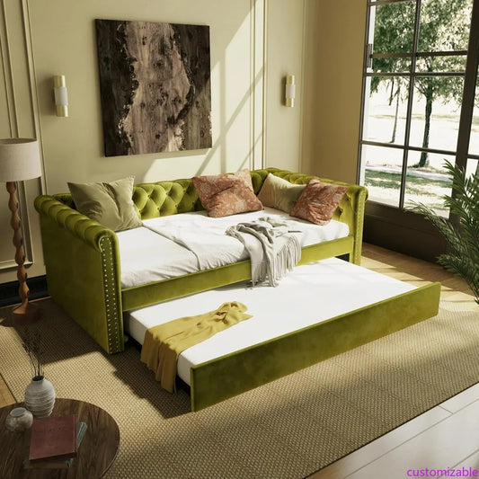 Modern Velvet Daybed with Trundle, Sofa Bed featuring Tufted Button Design and Curved Armrests for Living Spaces