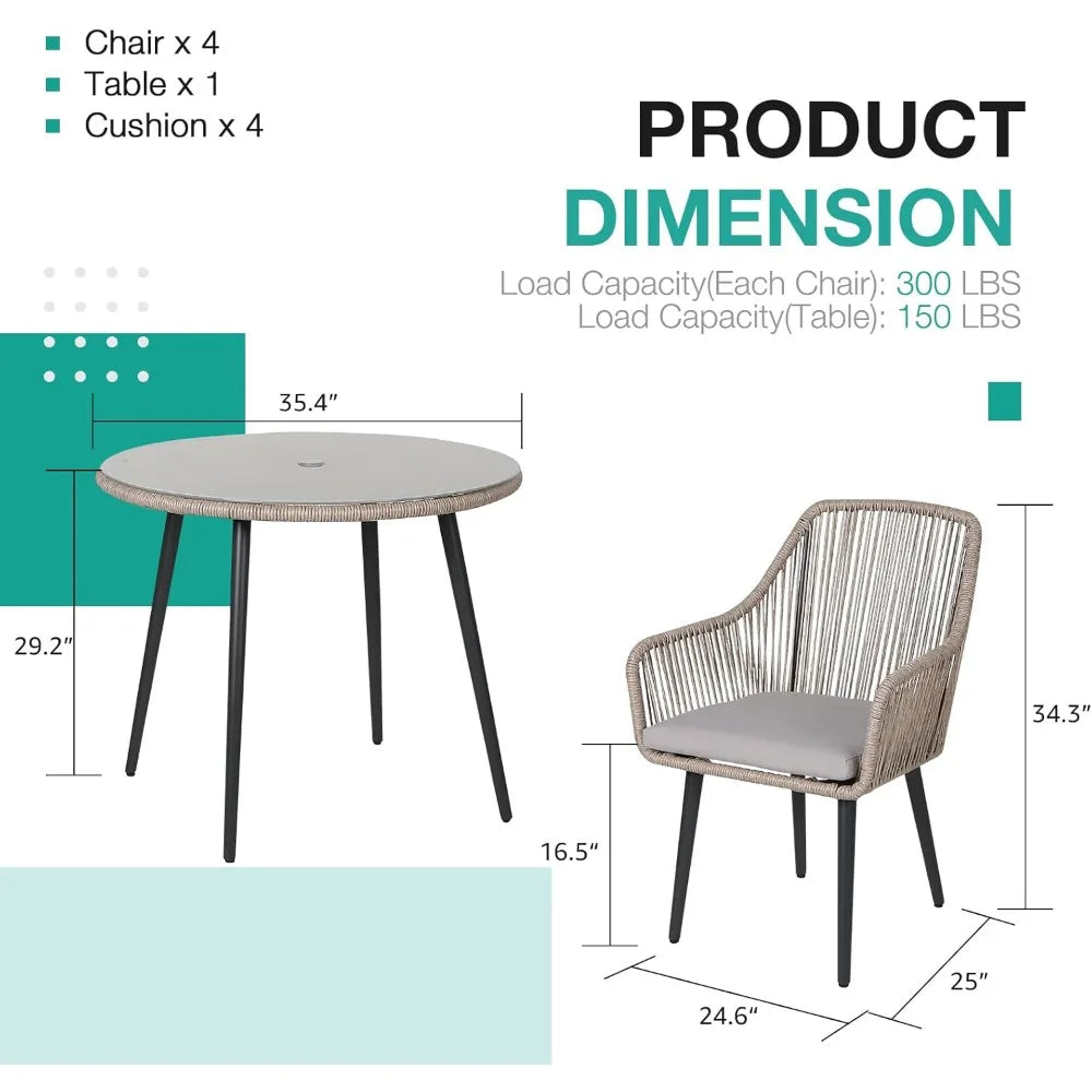 5-Piece Patio Dining Set, Outdoor Dining Table Chair Set, All-Weather Twisted Rattan Wicker Rope Conversation Set, Patio Furnit