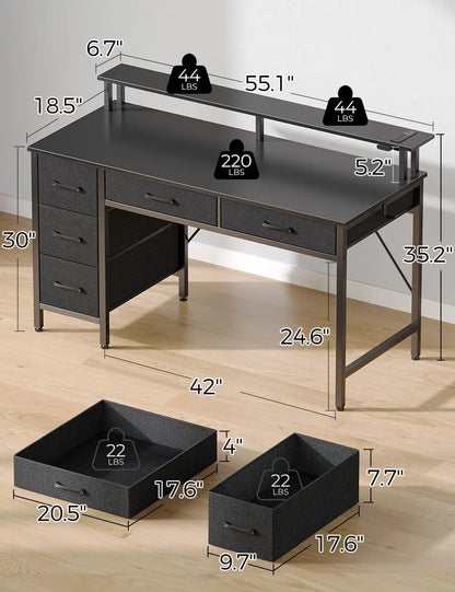 Home Office Computer Desk with Power Outlets, LED Light & 5 Drawers - Writing Desk with Monitor Stand