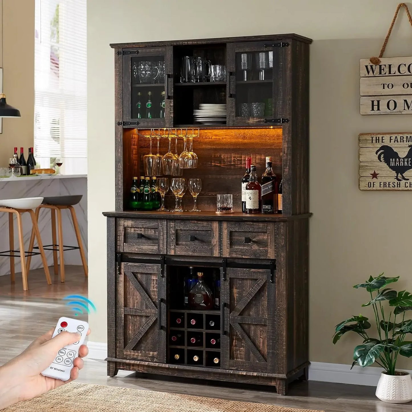 Coffee Bar Cabinet with Sliding Barn Door, 72'' Farmhouse Kitchen Sideboard, Buffet Storage Table, Wine Glass Racks, 3 Drawers