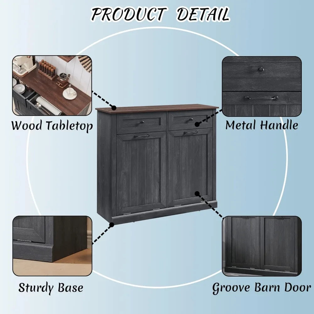 Double Tilt Out Laundry Hamper Cabinet, 20 Gallon Farmhouse Trash Can Cabinet with Drawer, Hidden Wood Garbage Can Bin Cabinet