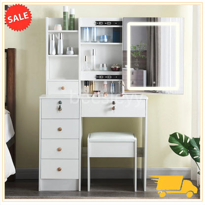Dressing Table Mirror with Lights Stool Makeup Vanity Set Desk Organizer Dresser