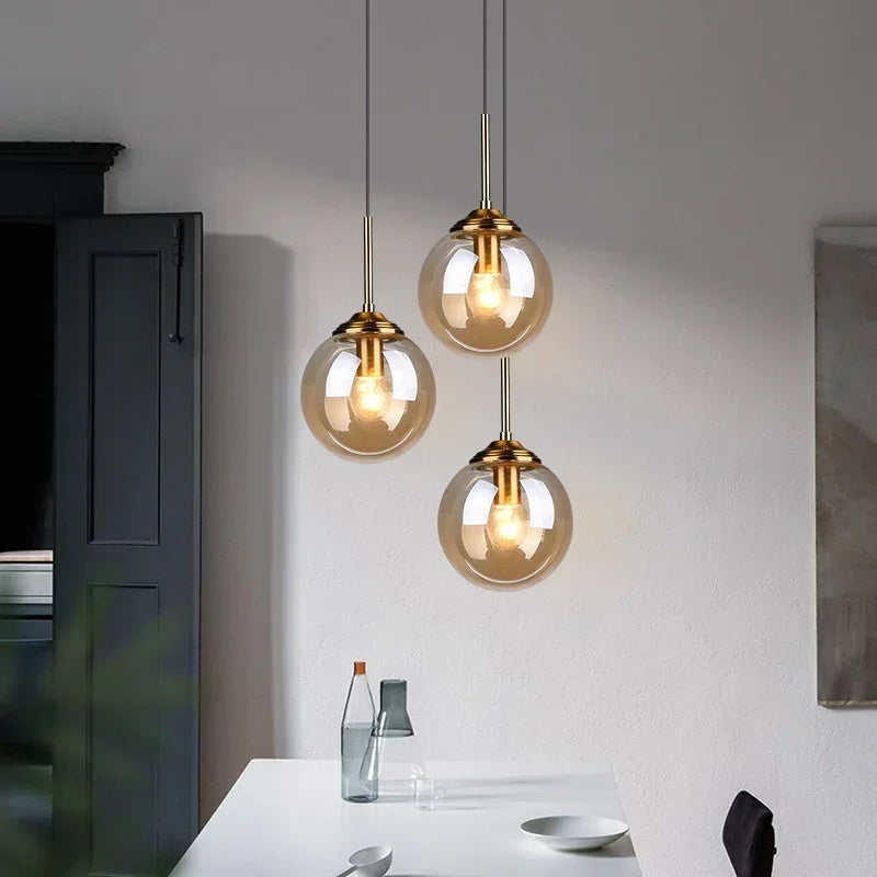 Amber Smoke Gray Clear Glass Pendant Lamp LED E27 Hanging Light for Dining Room Table Kitchen Island Bedroom Bedside Lighting