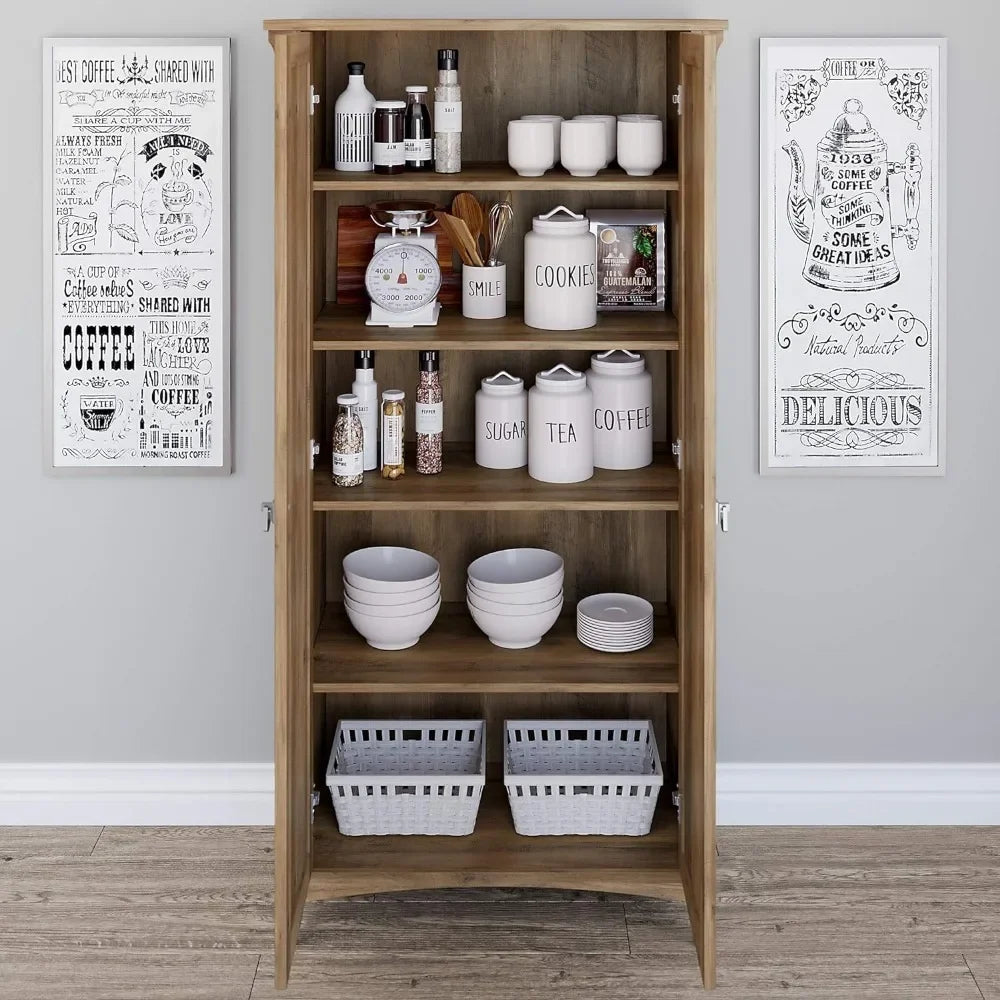 Kitchen Pantry Cabinet with Doors, Home Storage for Food, Dinnerware, and Cooking Accessories, Reclaimed Pine