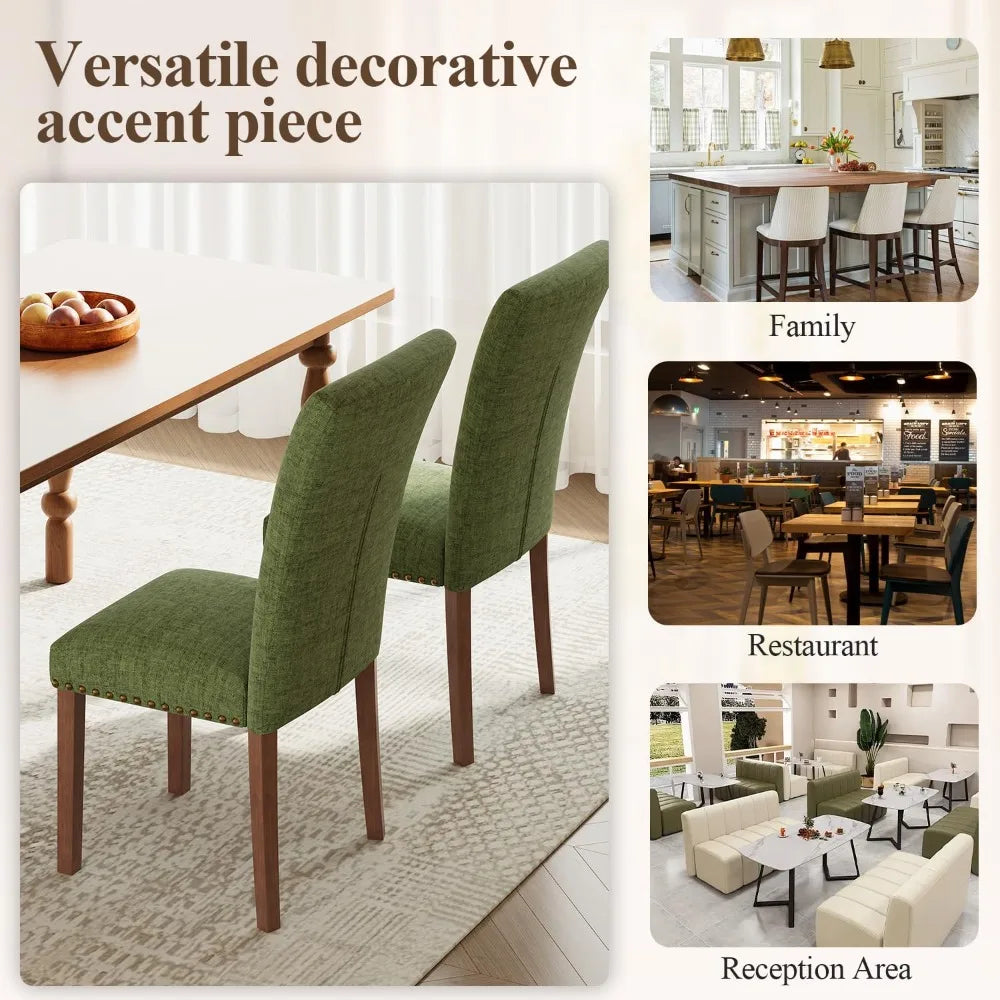 "Set of 2 Green Parsons Dining Chairs - Upholstered with Nailhead Trim, Thick Cushions & Wood Legs"