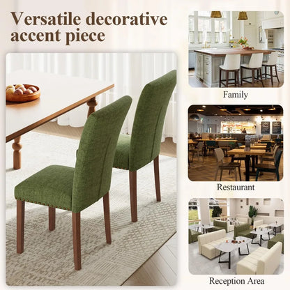 "Set of 2 Green Parsons Dining Chairs - Upholstered with Nailhead Trim, Thick Cushions & Wood Legs"