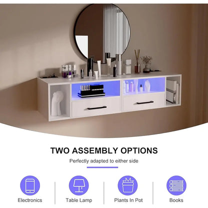 Floating Nightstand With Charging Station And Led Light Strips, 21.3"" Night Stand With Drawers, Floating Bedside With Usb