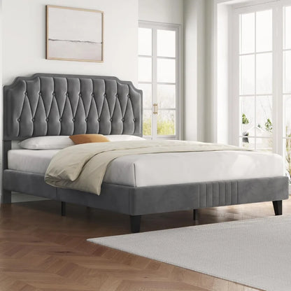 Queen Bed Frame Velvet Upholstered Platform Bed with Curved Headboard, Height-Adjustable Headboard/Noise-Free/Wooden