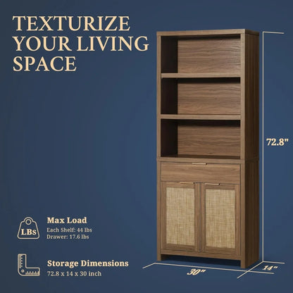 Hampstead Bookcase, Rattan Bookcase with Doors Cabinet and Drawer, 5-Tier Bookshelf, Large Wooden Book Case, Tall Bookshelves