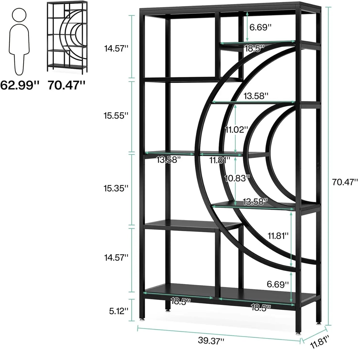 71 inches Bookcases, Industrial 8-Tiers Bookshelves, Etagere Bookcases with Geometric Metal Frame, Open Storage Shelving Units