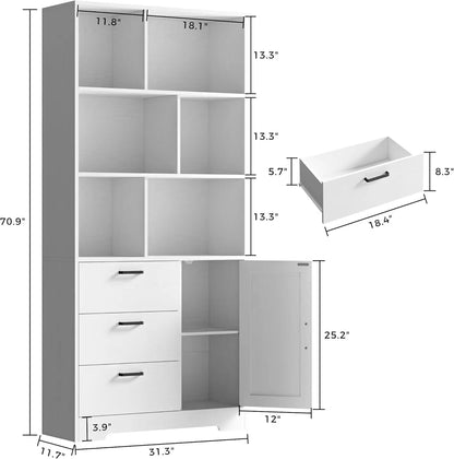 IRONCK Bookshelf with Drawers, 70.9 inch Tall Bookcase with Doors,Bookshelf with 6 Open Cubes for Home Office, Living Room
