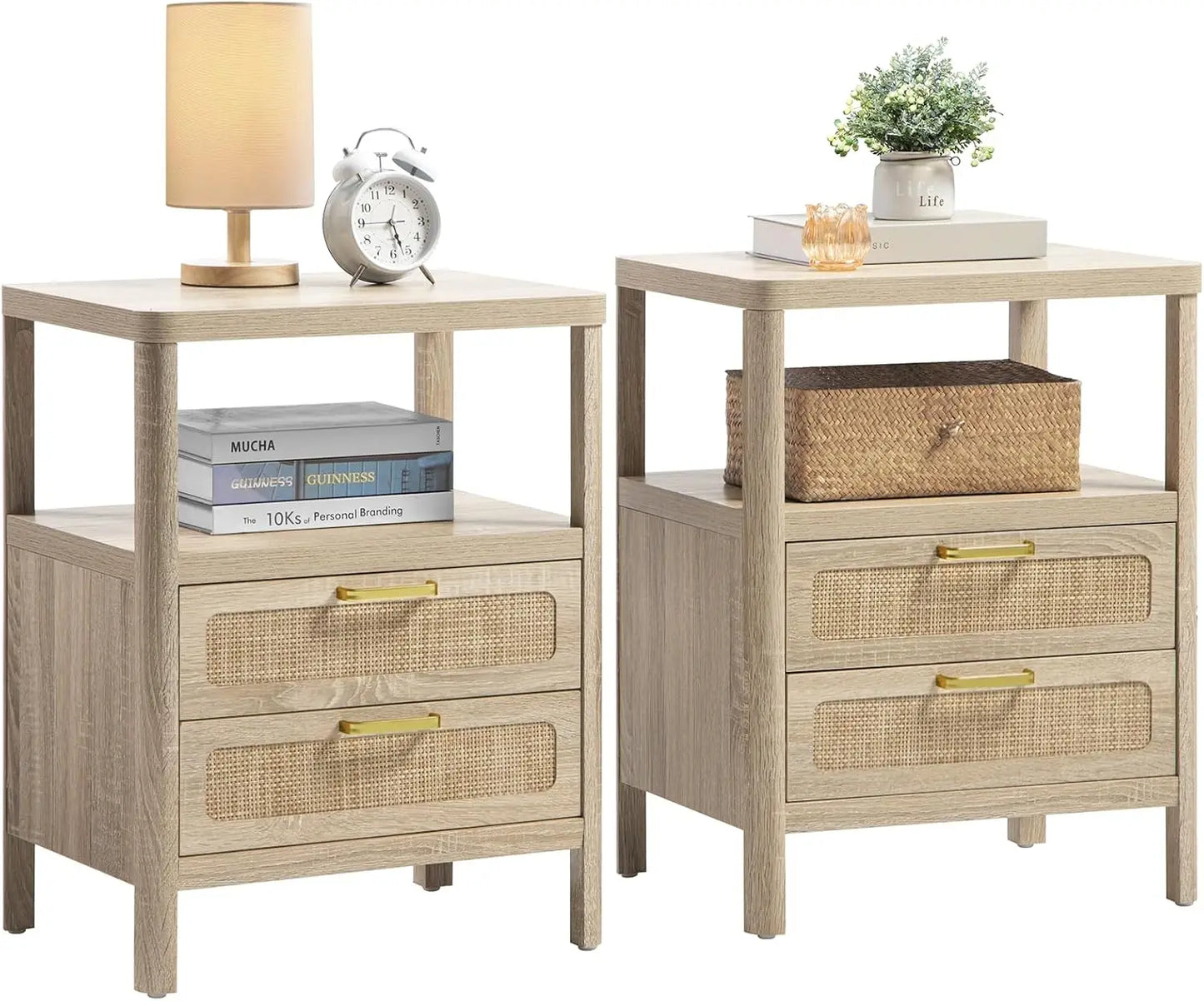 Nightstands Set of 2 - Rattan Night Stand Bedside Table with 2 Rattan Drawers, Open Storage Shelf