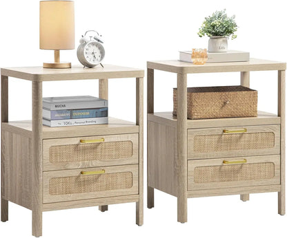 Nightstands Set of 2 - Rattan Night Stand Bedside Table with 2 Rattan Drawers, Open Storage Shelf