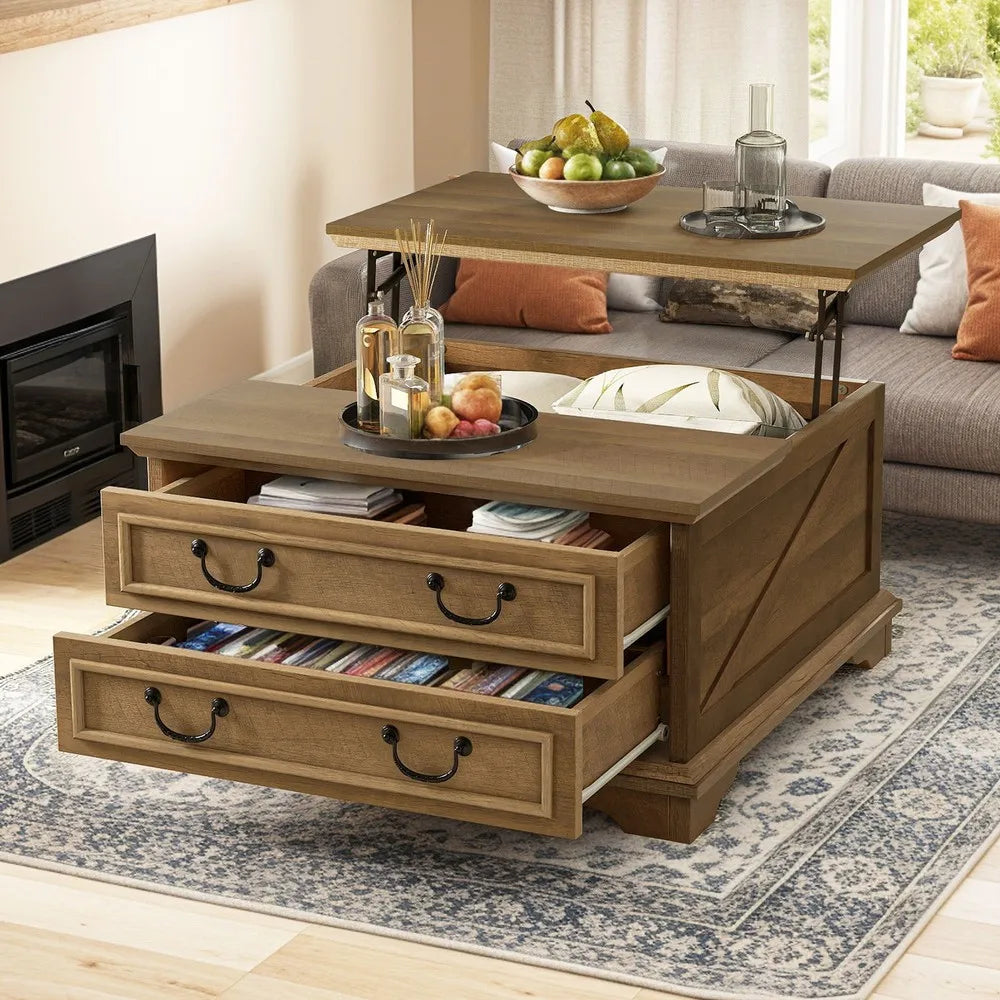 Farmhouse Square Lift-Top Coffee Table Large with Hidden Compartment Living Room