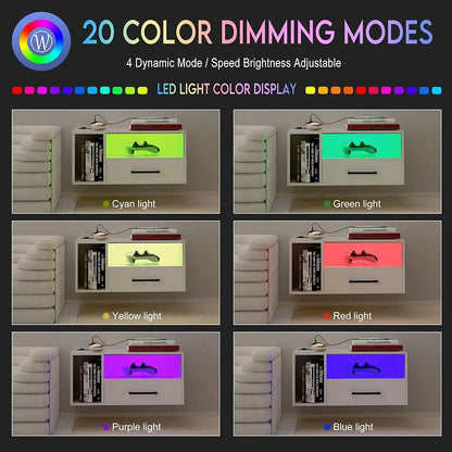 Floating Nightstand With Charging Station And Led Light Strips, 21.3"" Night Stand With Drawers, Floating Bedside With Usb