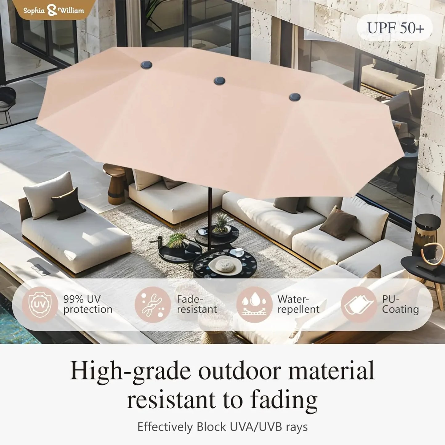 Dining Furniture with Beige Double-Sided Umbrella, Outdoor Rattan Chairs & Metal and PVC Table Set with Cushion and Umbrella