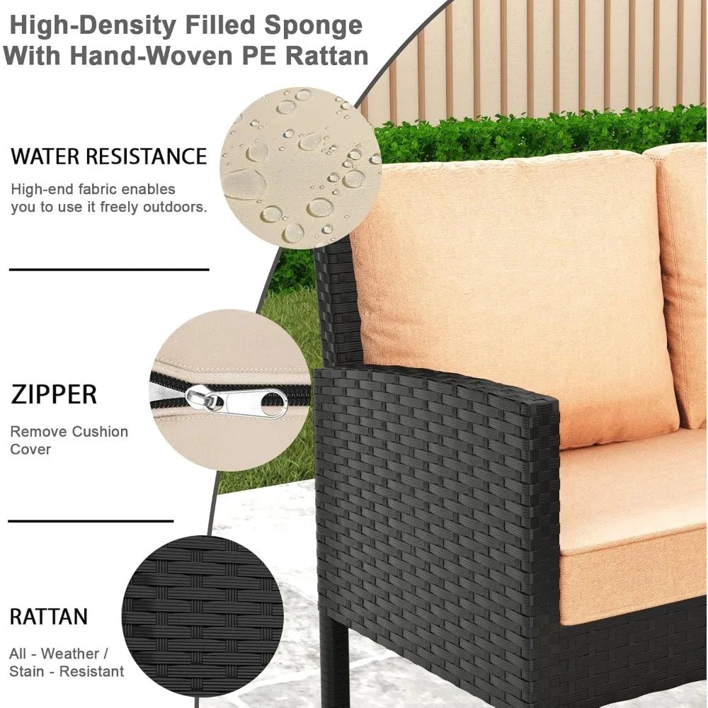 PatioConversation Set,Outdoor Furniture Sectional with Throw Pillows and Anti-Slip Cushions,PE Rattan Sofa Set with Dining Table