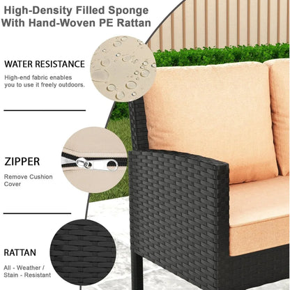 PatioConversation Set,Outdoor Furniture Sectional with Throw Pillows and Anti-Slip Cushions,PE Rattan Sofa Set with Dining Table