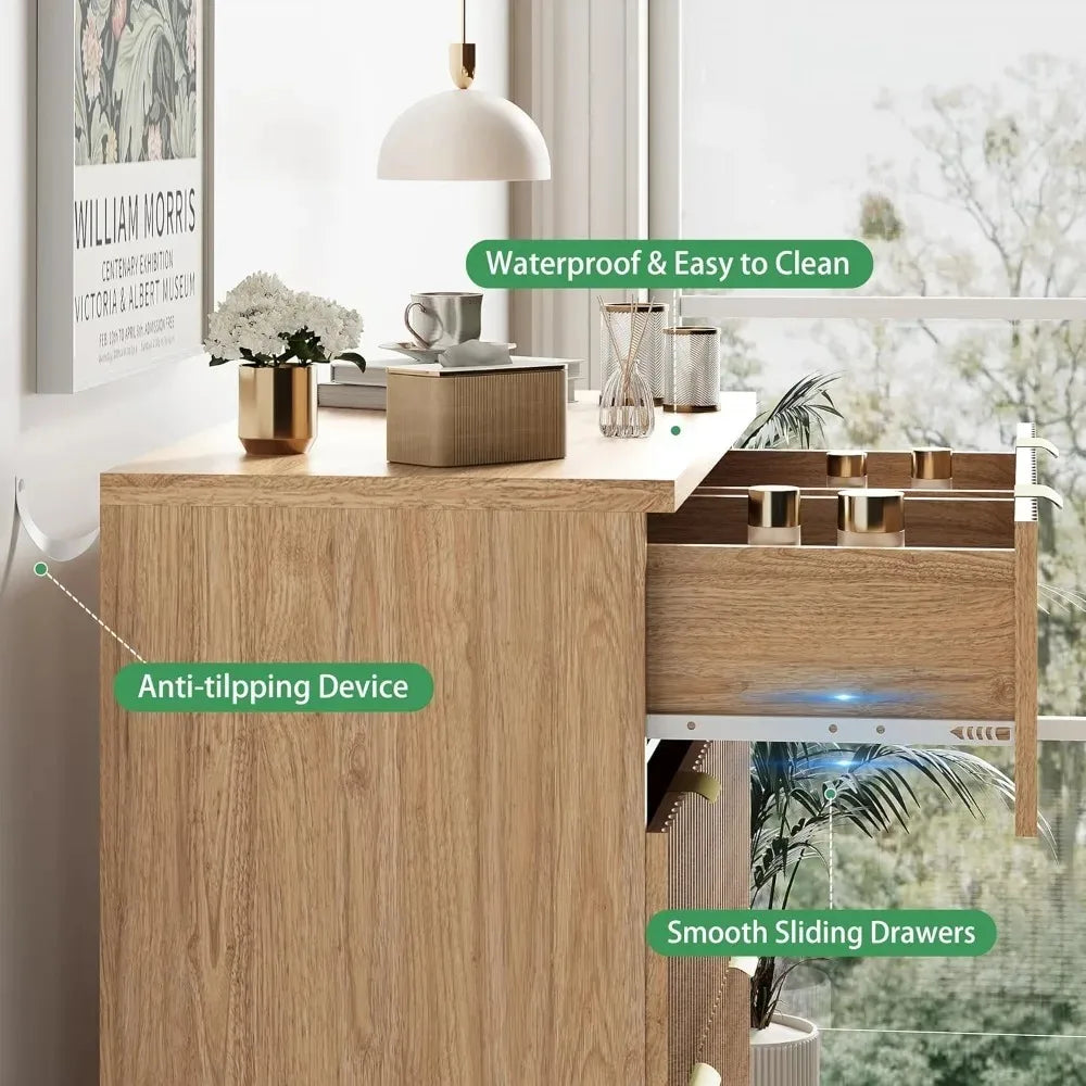 Fluted Dresser for Bedroom with 6 Drawers, 46" Tall Modern Chest of Drawers with Metal Handle, Wooden Dresser TV Stand, Wood Clo