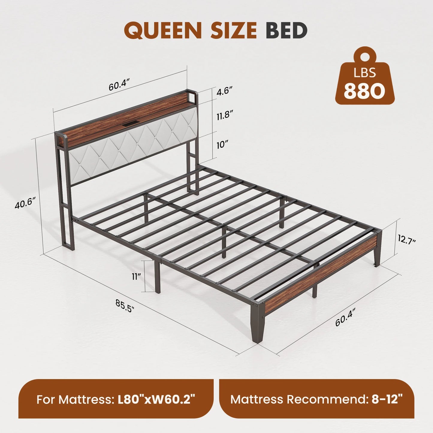 JHK King Size Soft Pack Heavy Duty Metal Bed Frame with Headboard Charging Station 1100lbs Capacity Easy Assembly For Bedroom