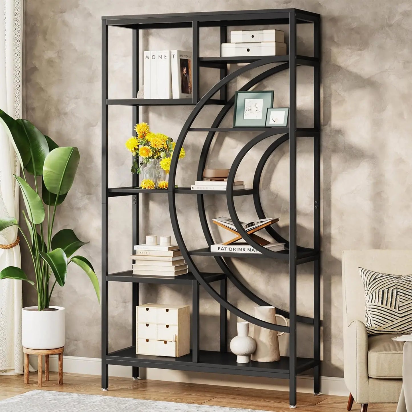 71 inches Bookcases, Industrial 8-Tiers Bookshelves, Etagere Bookcases with Geometric Metal Frame, Open Storage Shelving Units