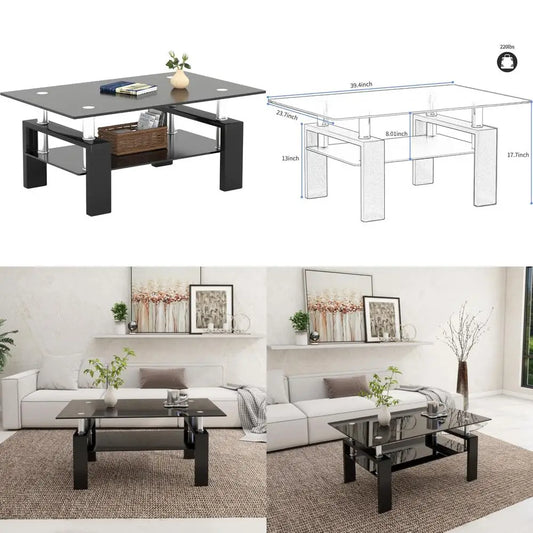 Modern 2-Tier Glass Coffee Table with Rectangular Design for Living Room - Sleek Black Side Table