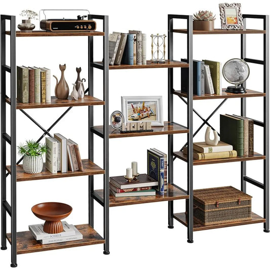 Triple 4 Tier Bookshelf, Bookcase with 11 Open Display Shelves, Wide Book Shelf Book Case for Home & Office, Rustic Brown