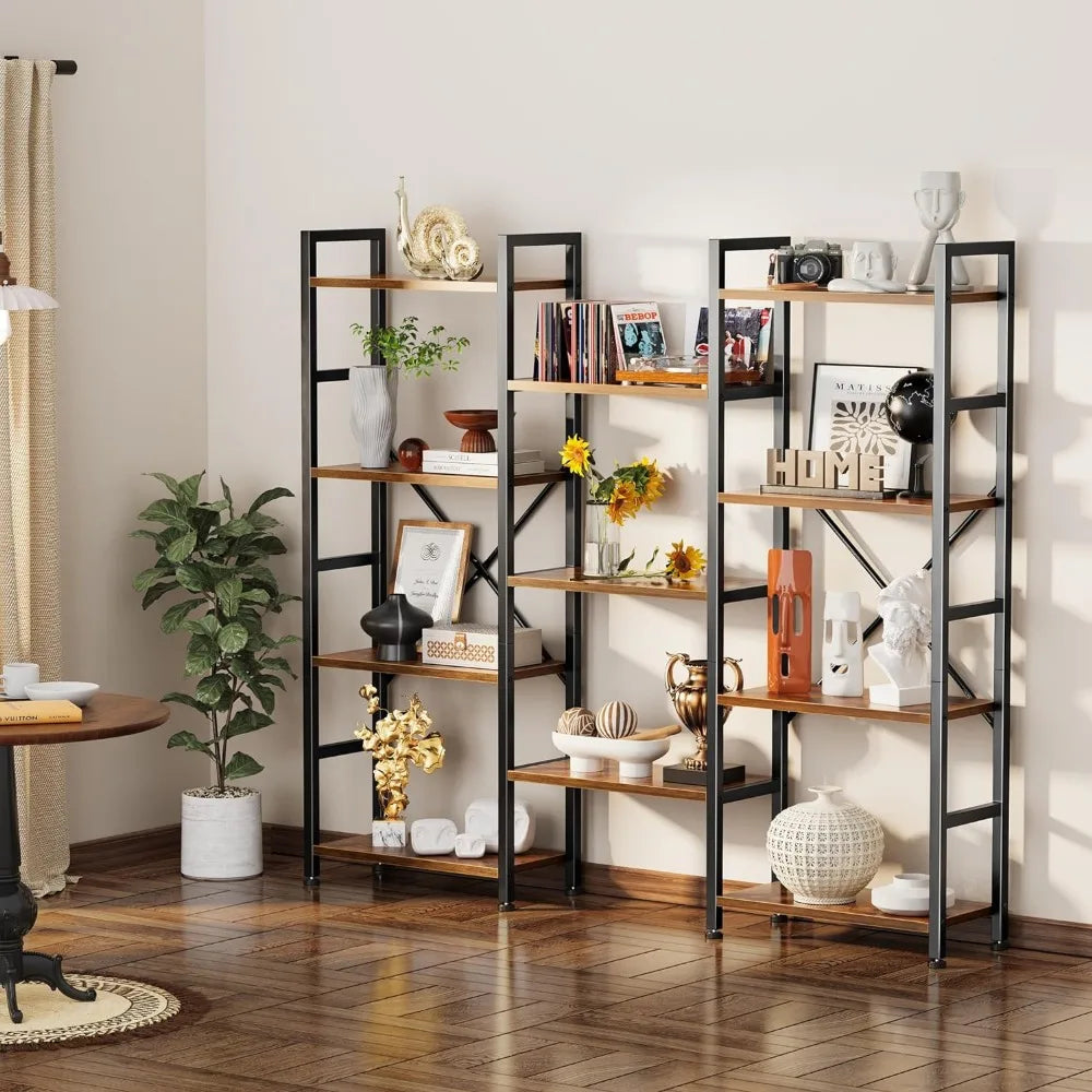 Triple 4 Tier Bookshelf, Bookcase with 11 Open Display Shelves, Wide Book Shelf Book Case for Home & Office, Rustic Brown