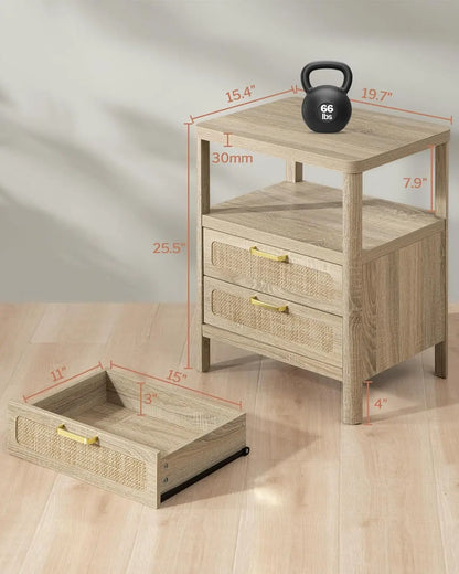 Nightstands Set of 2 - Rattan Night Stand Bedside Table with 2 Rattan Drawers, Open Storage Shelf