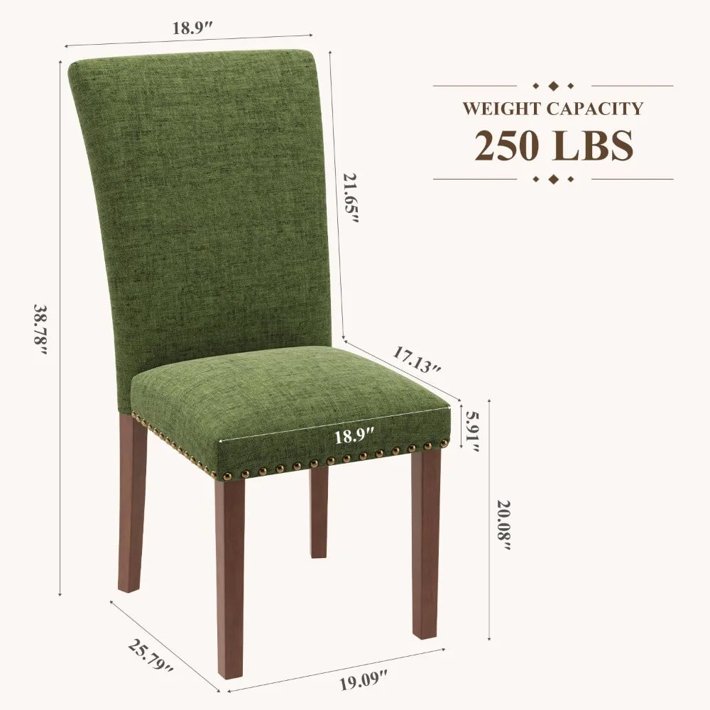 "Set of 2 Green Parsons Dining Chairs - Upholstered with Nailhead Trim, Thick Cushions & Wood Legs"