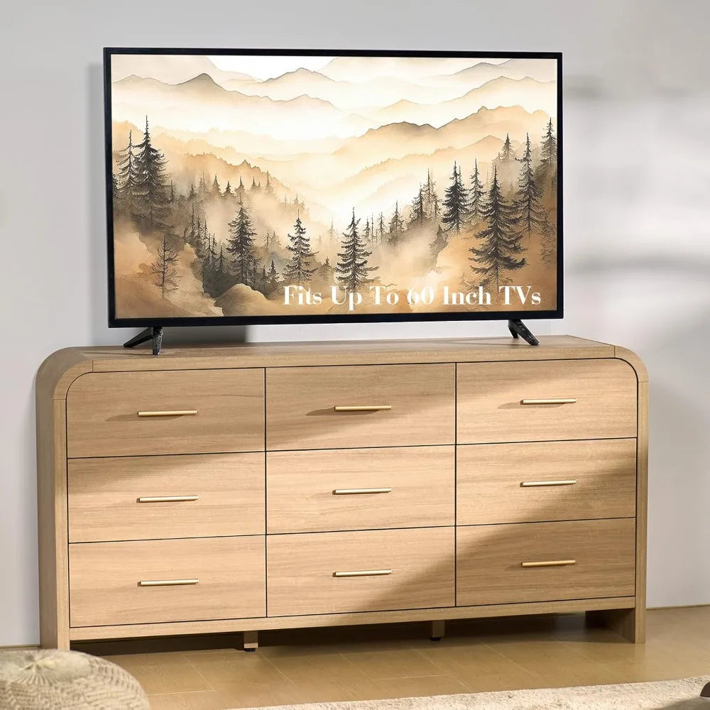 Curved 9-Drawer Dresser for Bedroom, 63" Wide Modern Chest of Drawers, Vanity Desk TV Stand for Living Room, Closet Storage