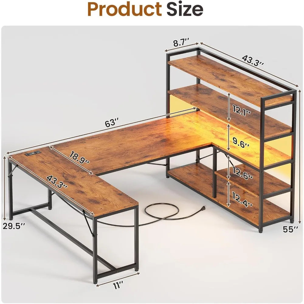 L Shaped Desk with Storage Shelves, 63” Reversible U Shaped Office Desk, Gaming Desk with Power Outlet and LED Lights