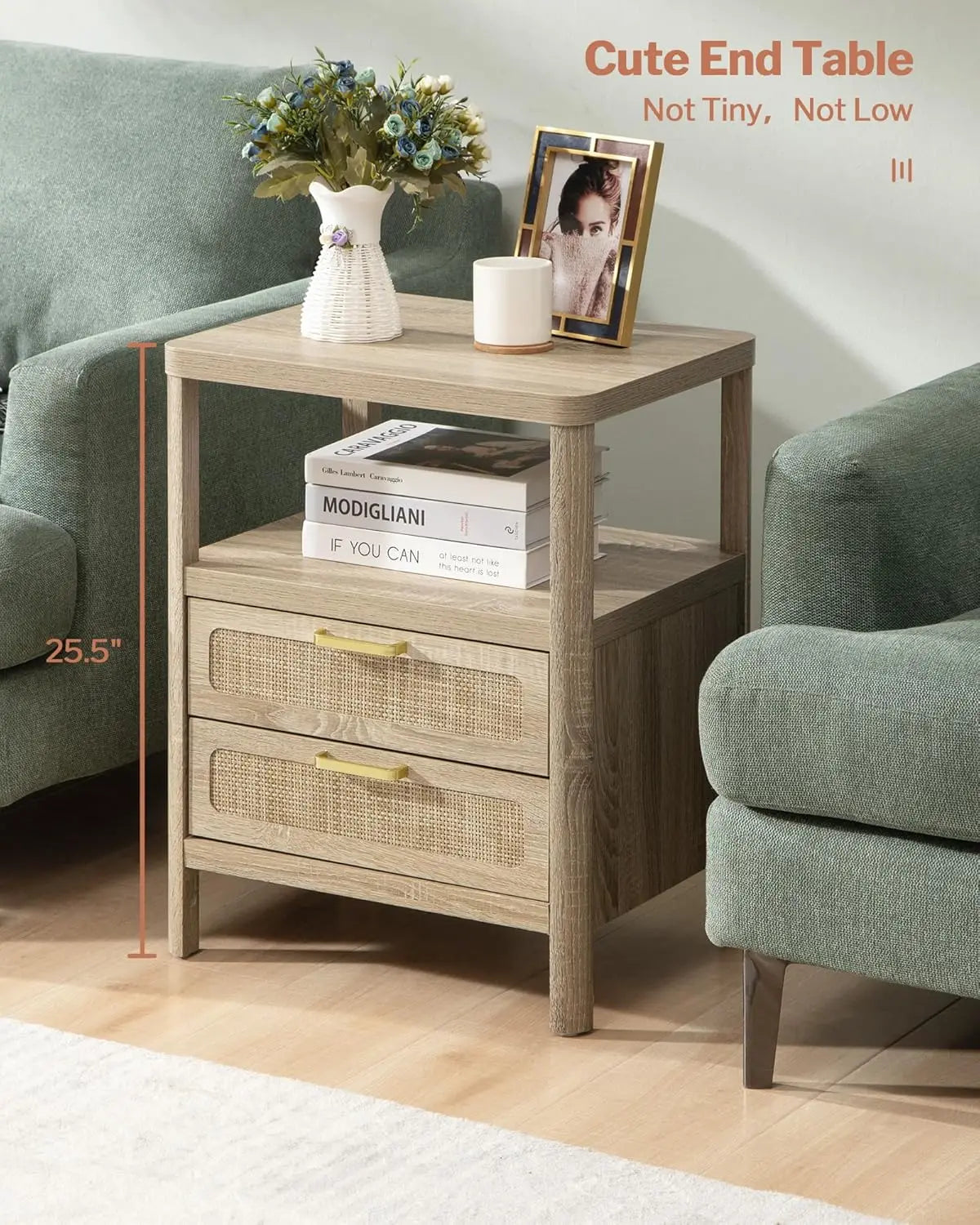 Nightstands Set of 2 - Rattan Night Stand Bedside Table with 2 Rattan Drawers, Open Storage Shelf