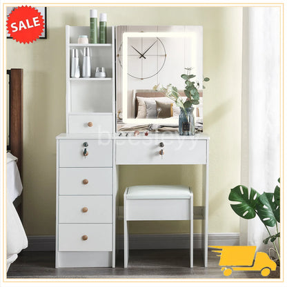 Dressing Table Mirror with Lights Stool Makeup Vanity Set Desk Organizer Dresser