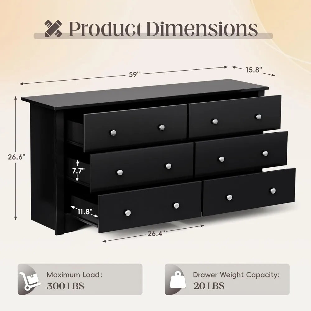 JUMMICO Black Dresser for Bedroom, 6 Wood Dresser Drawers, Wide Chest of Drawers, Storage Tower Unit, Modern Design for Bedroom,
