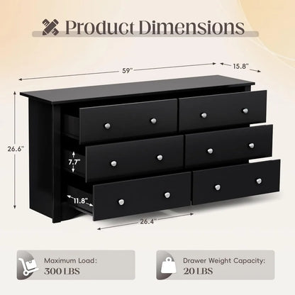 JUMMICO Black Dresser for Bedroom, 6 Wood Dresser Drawers, Wide Chest of Drawers, Storage Tower Unit, Modern Design for Bedroom,
