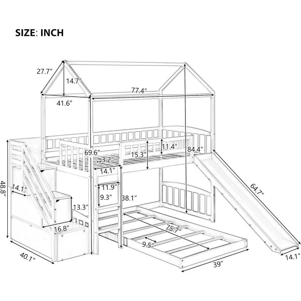 House Bunk Beds with Slide Wood Twin Bunk Bed with Stairs for Kids, House Bunk with Roof for Boys or Girls, No Box Spring Needed