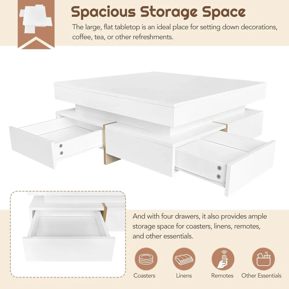 "31" Modern Coffee Table - Storage Drawers & High Gloss Finish, Square Design for Living Room/Office"