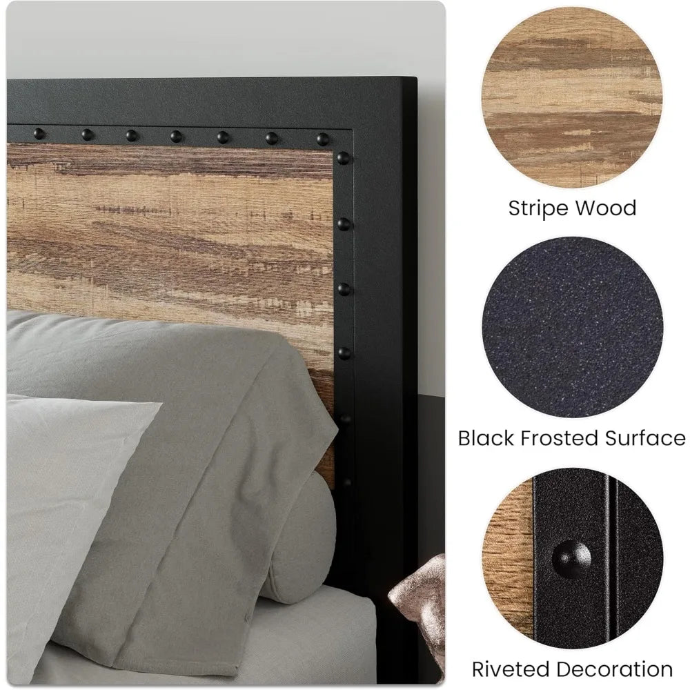 Heavy Duty Metal Bed Frame, Platform Base with Wooden Headboard Footboard, Strong Slats Support, No Box Spring Needed