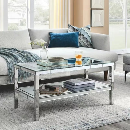 Elegant 2 Tiers of Shiny Silver Mirrored Coffee Table, Crystals Inlay,and Stainless Steel Frame,Modern Rectangle Cocktail Table/
