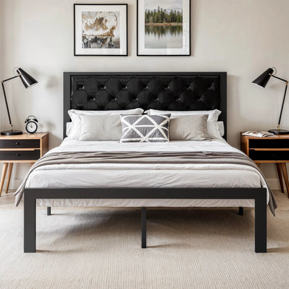 HOOMIC Metal Bed Frame with Upholstered Finely Stitched Headboard, Linen Fabric, Sturdy Foundation, No Box Spring Needed
