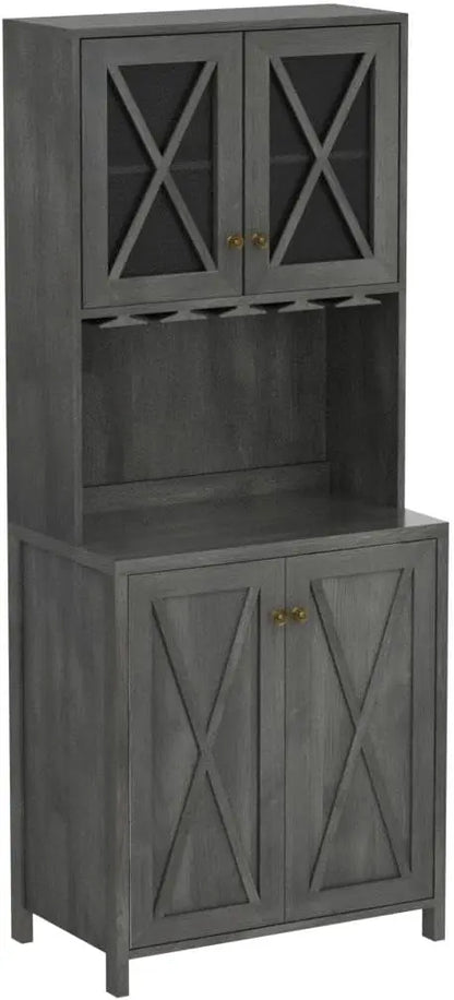 Kitchen Pantry Cabinet Storage with Microwave Stand, 67'' Tall Pantry Buffet Cabinet w/Acrylic Glass Doors and Glass Holder