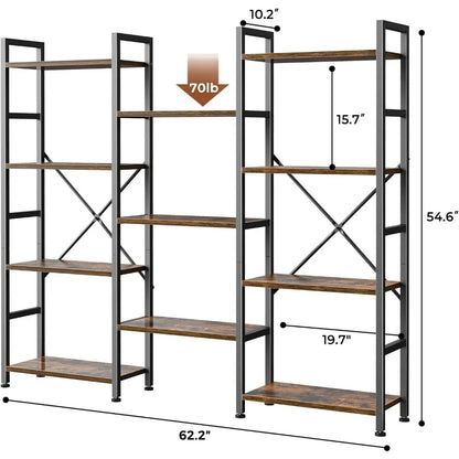 Triple 4 Tier Bookshelf, Bookcase with 11 Open Display Shelves, Wide Book Shelf Book Case for Home & Office, Rustic Brown