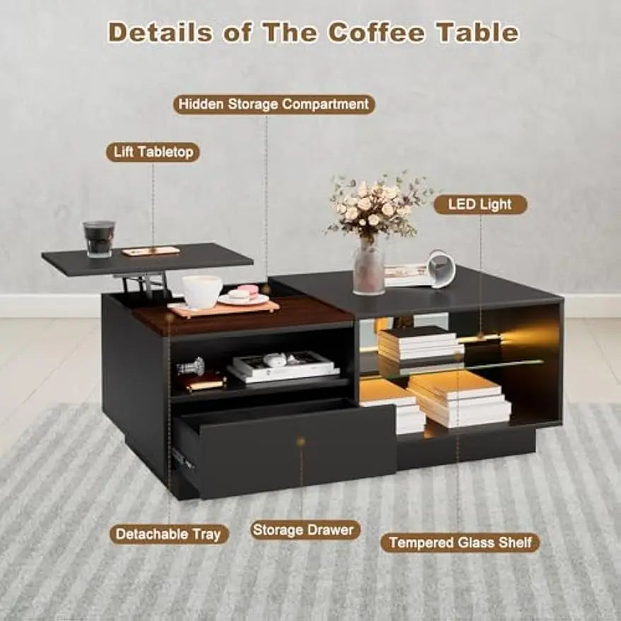 Led Coffee Table Living Room Black Coffee Tables 4 in 1 Lift Up Rectangle Coffee Table Mesas De Centro Para Salas Modernas