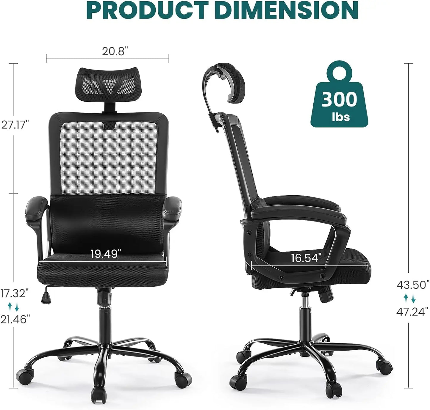 SMUG Office Desk Computer Chair, Ergonomic High Back Comfy Swivel Gaming Home Mesh Chairs with Wheels, Lumbar Support, Adjustabl